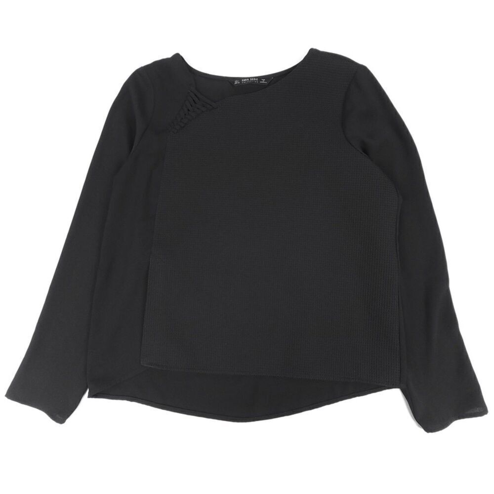 ZARA Textured Crepe Long Sleeve Asymmetric Blouse Flowy Top Minimal Large Black